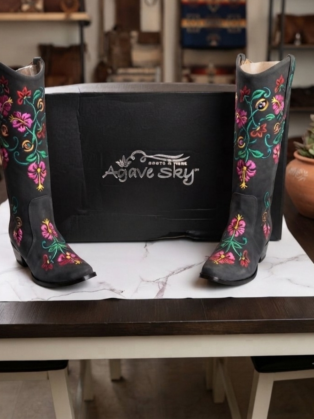 Agave Black Leather Knee Boots with Pink & Green Floral Embroidery